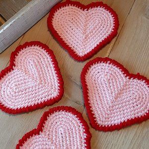 crochet pink heart with red boarder coasters set of 4